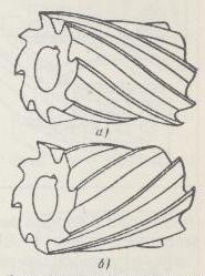 Цилиндрические фрезы с винтовыми зубьями: а-правая; б-левая.